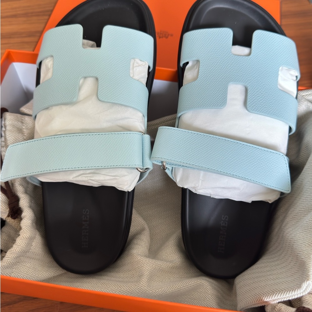 Hermès Chypre sandals blue brume size 38 (SOLD)